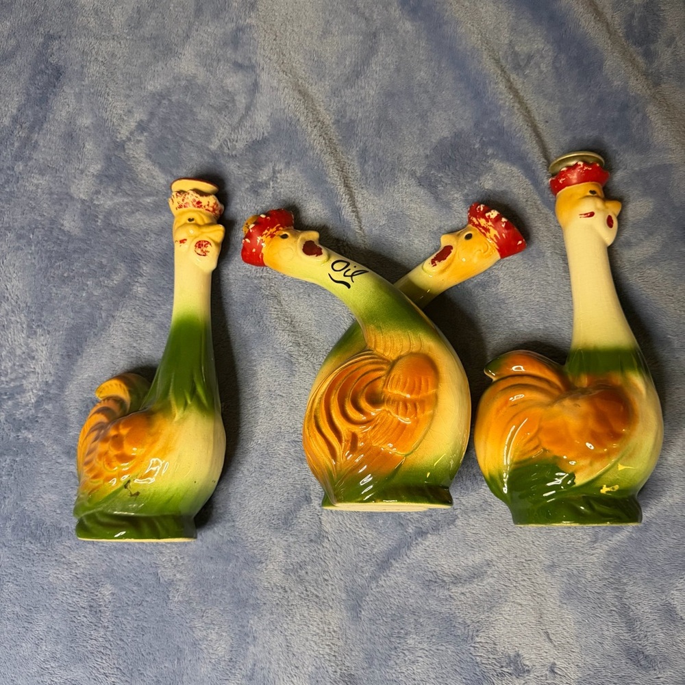 Vintage Ceramic Rooster Cruet Set - Green, Yellow,‎ Orange